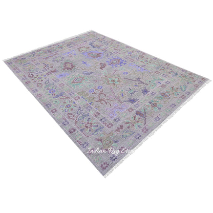 Blue Hand Knotted Modern Floral Oushak Wool Rug