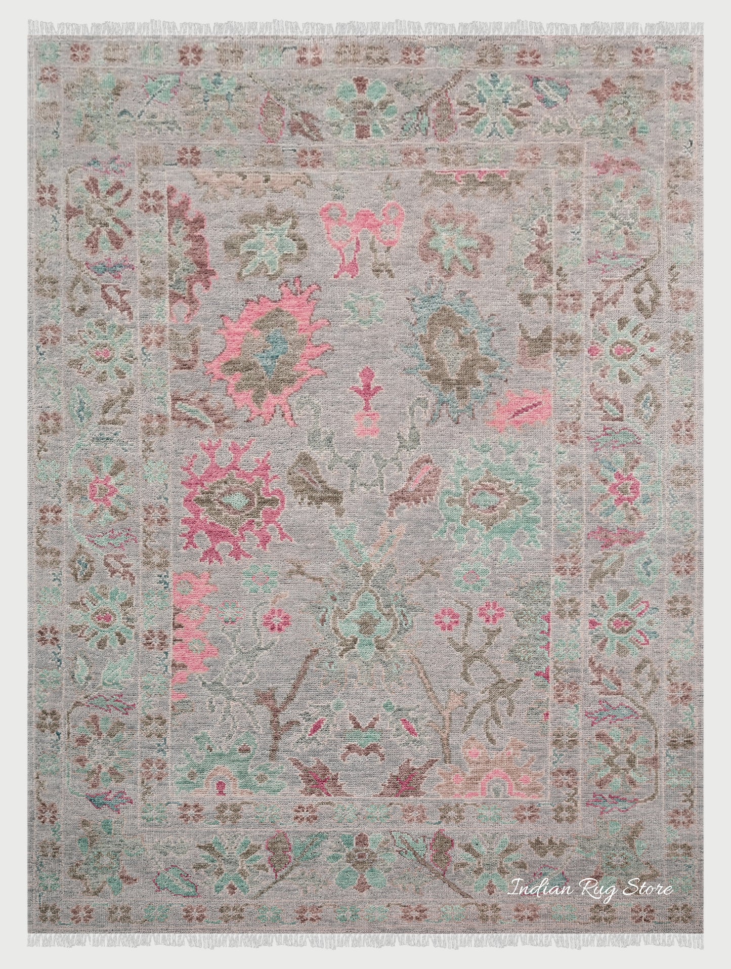 Gray Hand Knotted Modern Floral Oushak Wool Rug