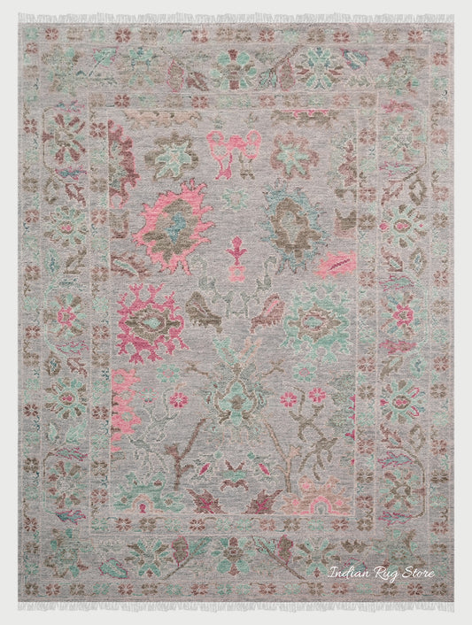 Gray Hand Knotted Modern Floral Oushak Wool Rug