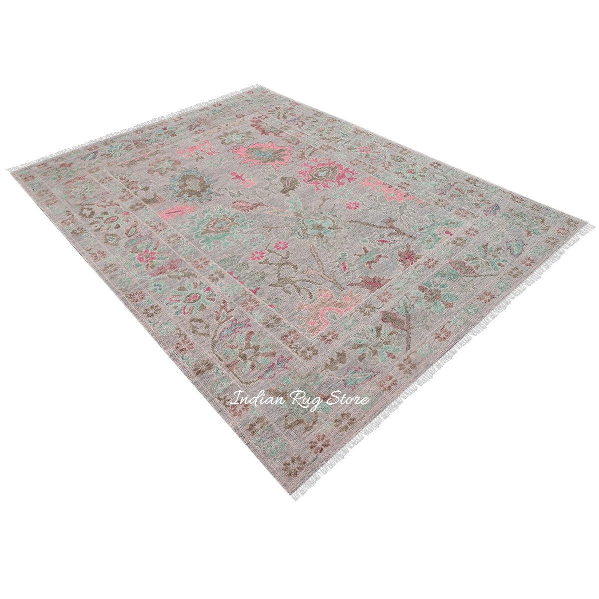 Gray Hand Knotted Modern Floral Oushak Wool Rug