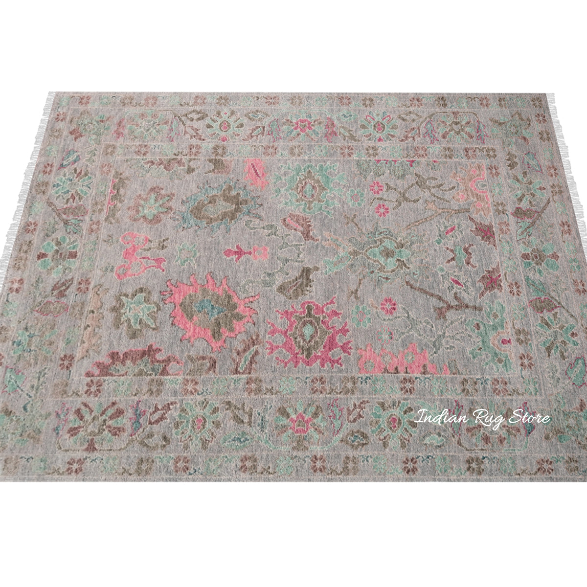 Gray Hand Knotted Modern Floral Oushak Wool Rug