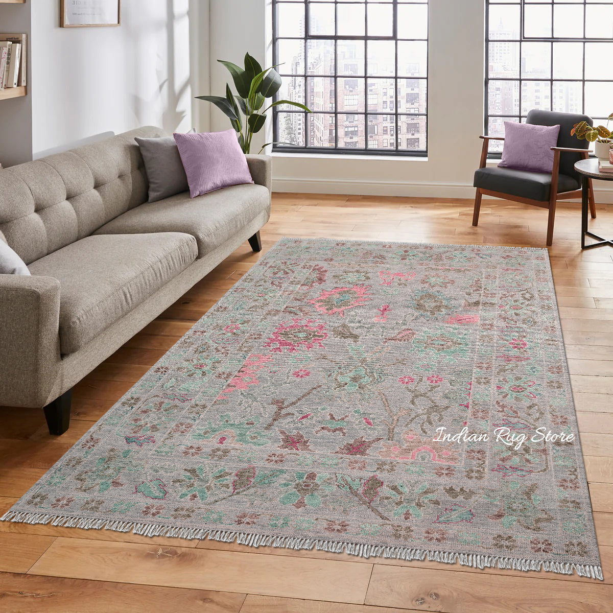 Gray Hand Knotted Modern Floral Oushak Wool Rug