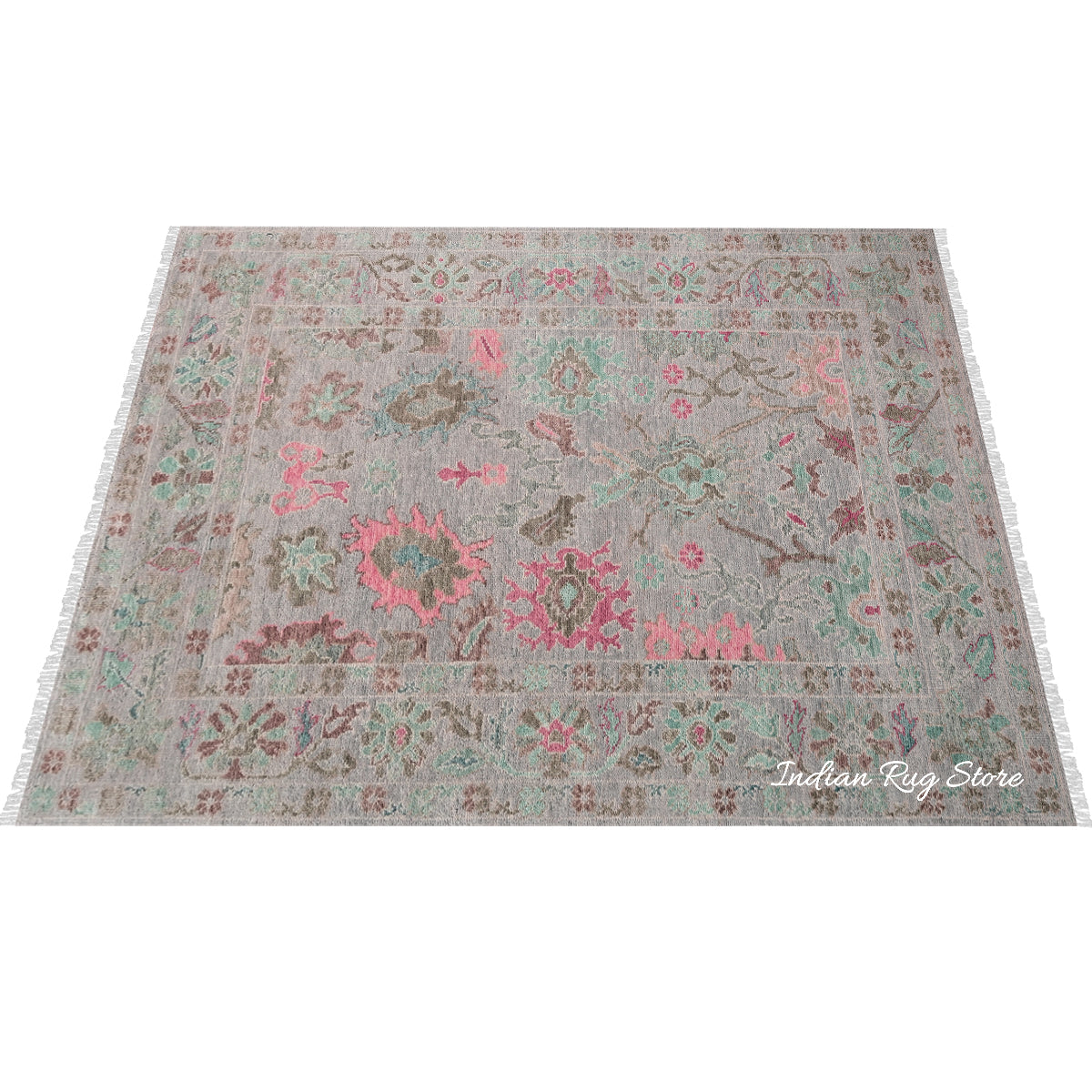 Gray Hand Knotted Modern Floral Oushak Wool Rug