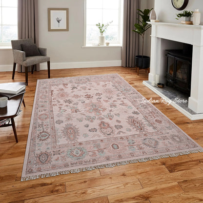 Indian Oushak Brown Hand Knotted Wool Rug For Living Room