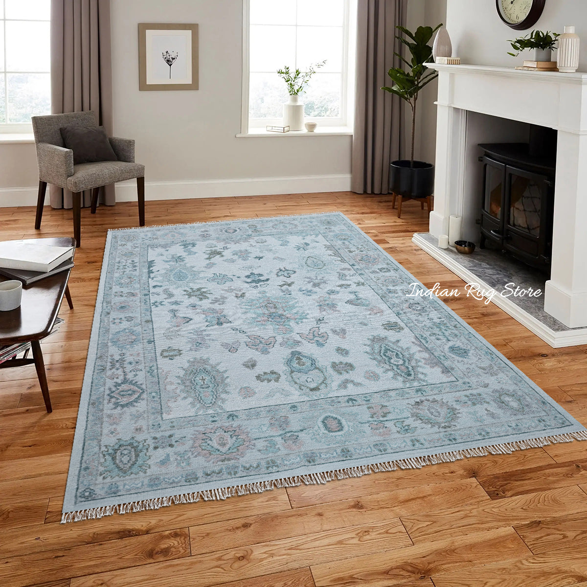 Hand Knotted Wool Rug Indian Oushak For Living Room