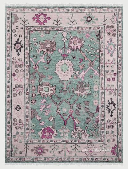 Modern Oushak Green and Gray Hand Knotted Wool Rug