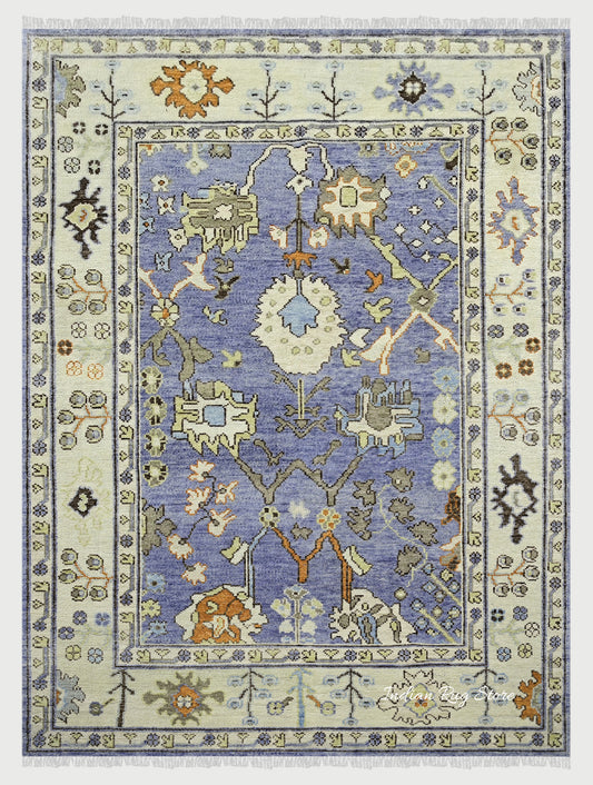 Hand Knotted Modern Oushak Blue Living Room Area Rug