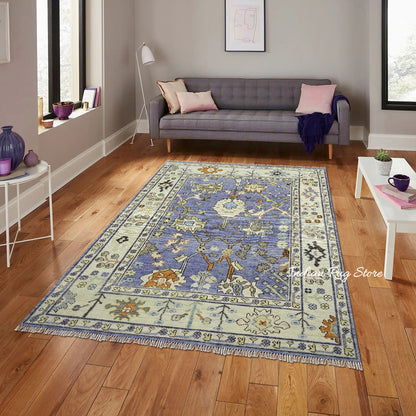 Hand Knotted Modern Oushak Blue Living Room Area Rug