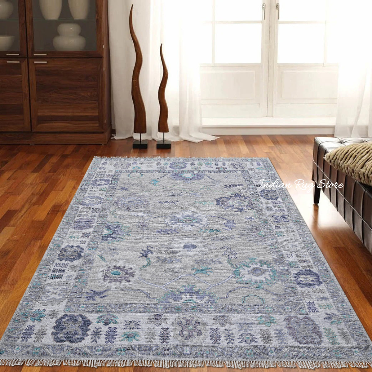 Modern Oushak Hand Knotted Blue Large Area Wool Rug