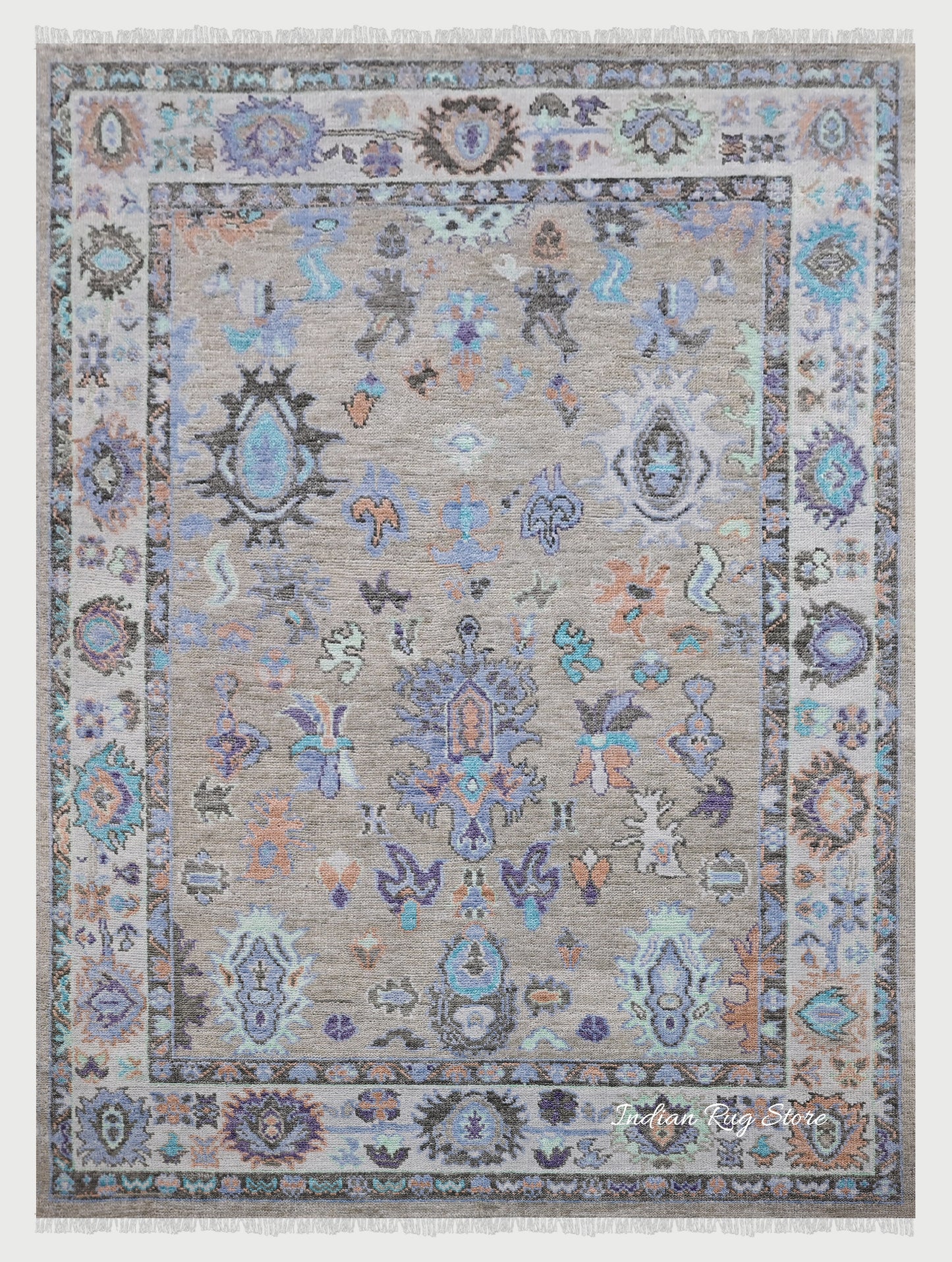 Indian Multicolor Oushak Hand Knotted Wool Area Rug