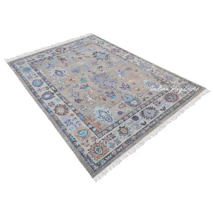 Indian Multicolor Oushak Hand Knotted Wool Area Rug