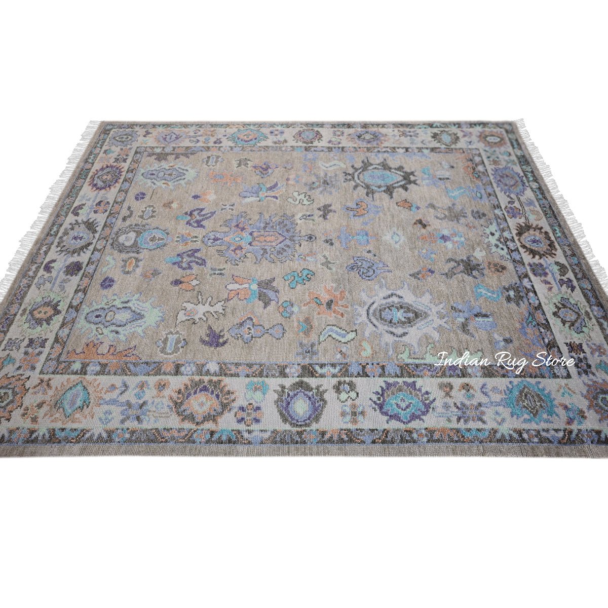 Indian Multicolor Oushak Hand Knotted Wool Area Rug