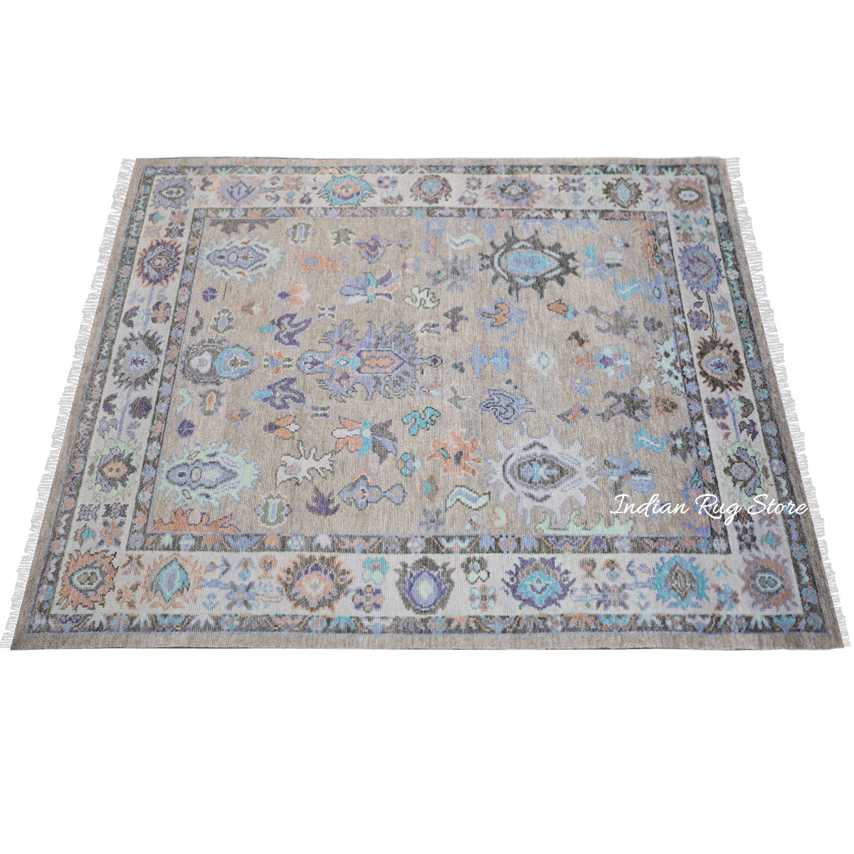 Indian Multicolor Oushak Hand Knotted Wool Area Rug