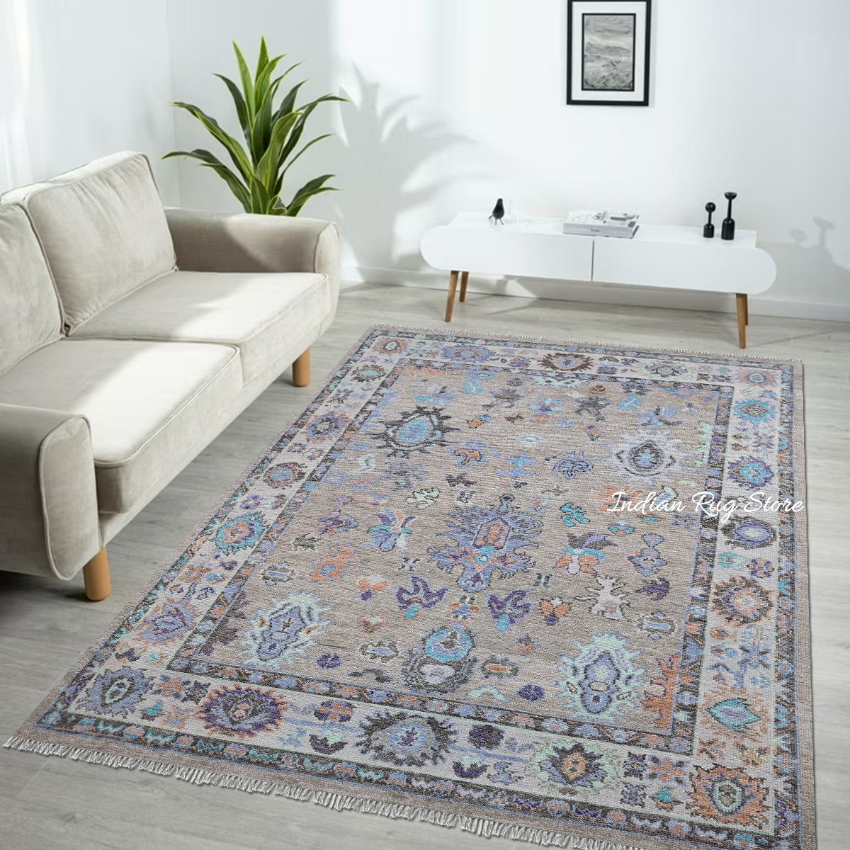 Indian Multicolor Oushak Hand Knotted Wool Area Rug