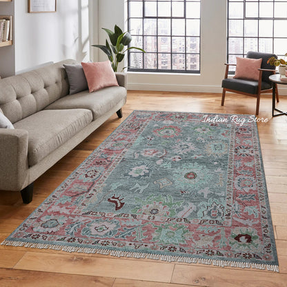 Modern Oushak Hand Knotted Floral Wool Rug For Living Room