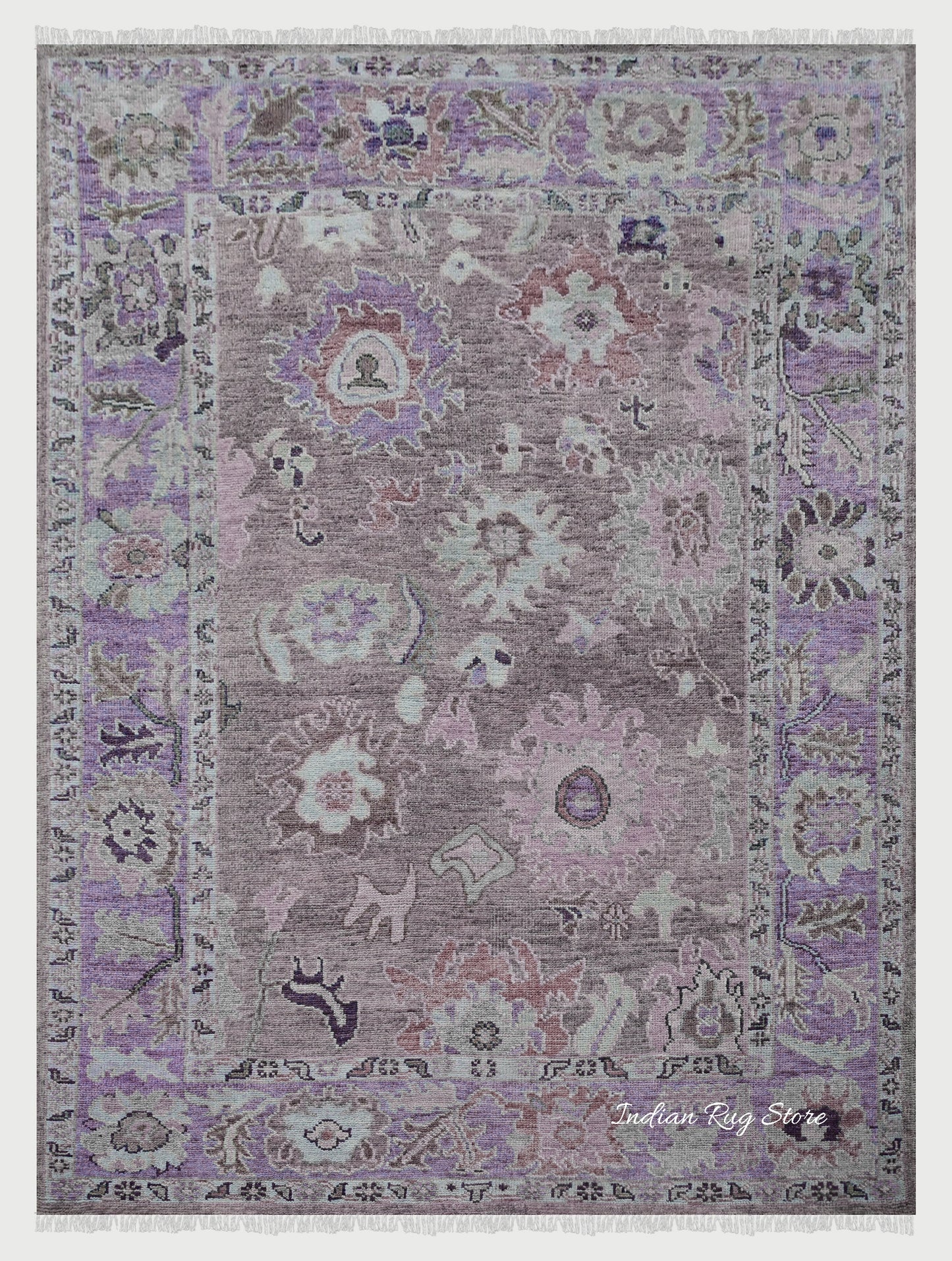 Purple Oushak Hand Knotted Floral Wool Rug For Living Room