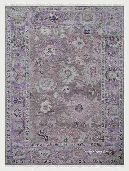 Purple Oushak Hand Knotted Floral Wool Rug For Living Room