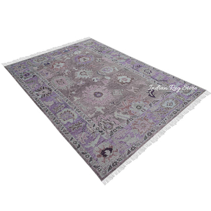 Purple Oushak Hand Knotted Floral Wool Rug For Living Room