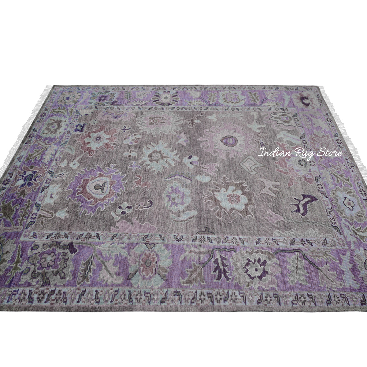 Purple Oushak Hand Knotted Floral Wool Rug For Living Room