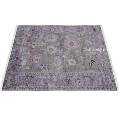 Purple Oushak Hand Knotted Floral Wool Rug For Living Room