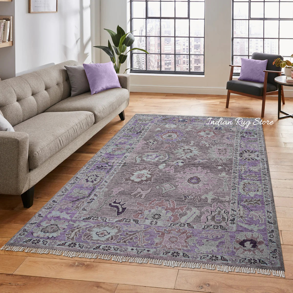 Purple Oushak Hand Knotted Floral Wool Rug For Living Room