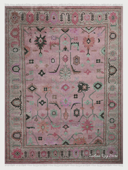 Indian Multicolor Oushak Hand Knotted Large Area Wool Rug