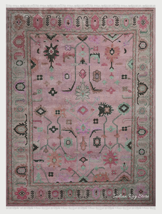 Indian Multicolor Oushak Hand Knotted Large Area Wool Rug