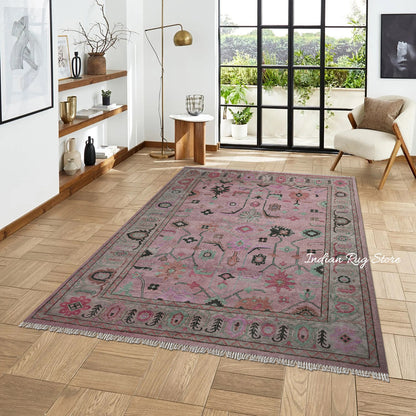 Indian Multicolor Oushak Hand Knotted Large Area Wool Rug