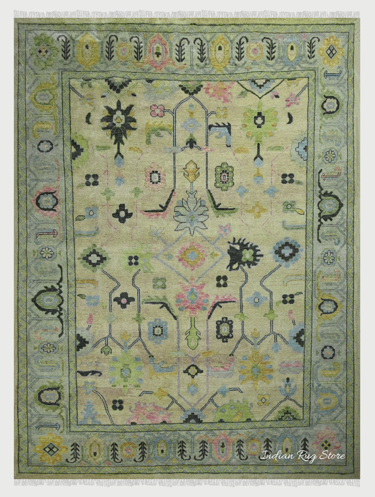 Indian Green Oushak Hand Knotted Large Area Wool Rug