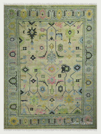 Indian Green Oushak Hand Knotted Large Area Wool Rug