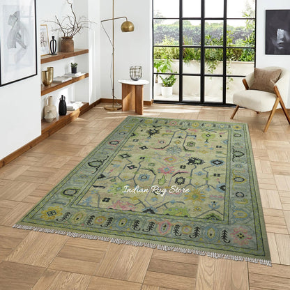 Indian Green Oushak Hand Knotted Large Area Wool Rug