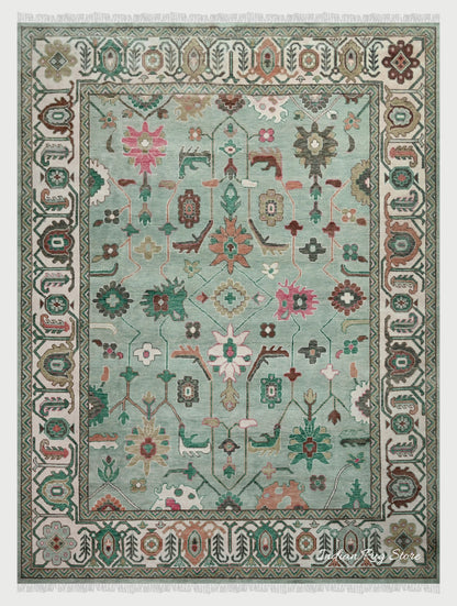 Modern Oushak Hand Knotted Green Wool Rug