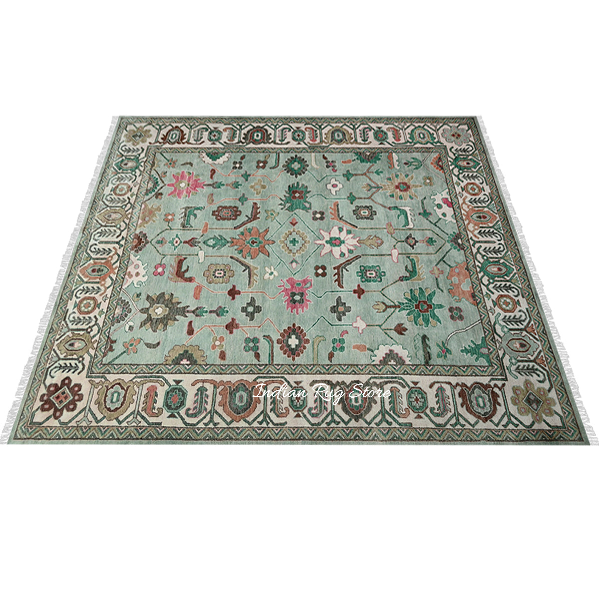 Modern Oushak Hand Knotted Green Wool Rug