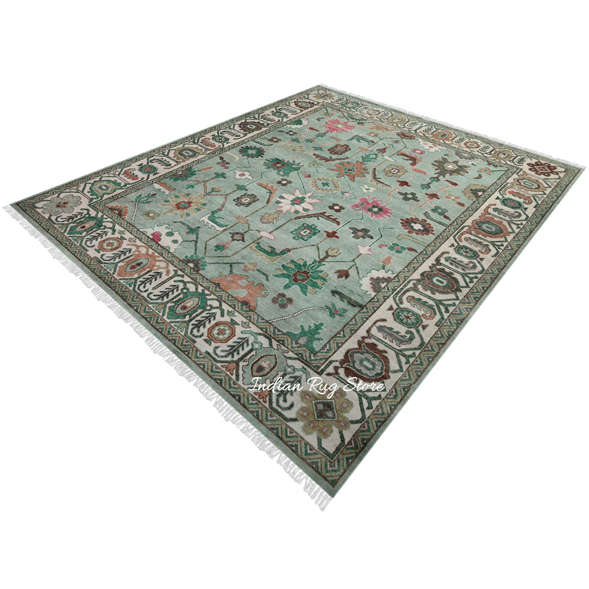 Modern Oushak Hand Knotted Green Wool Rug