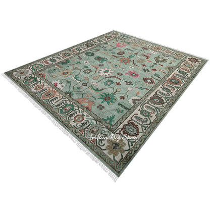 Modern Oushak Hand Knotted Green Wool Rug