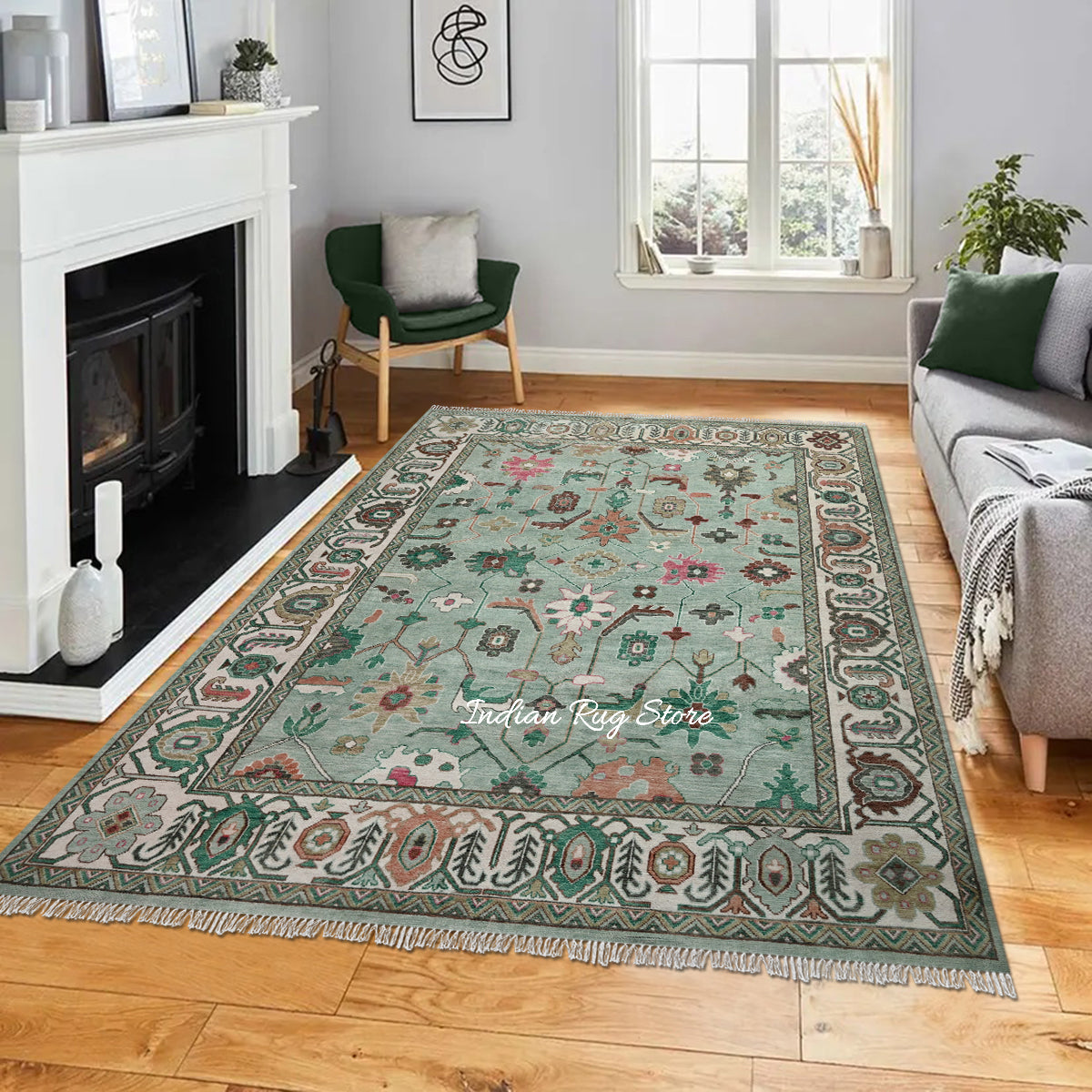 Modern Oushak Hand Knotted Green Wool Rug