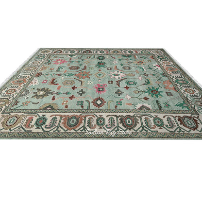 Modern Oushak Hand Knotted Green Wool Rug