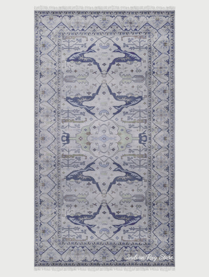 Blue Modern Oushak Hand Knotted Dining Room Wool Rug