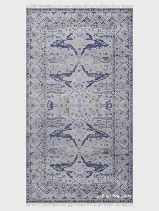 Blue Modern Oushak Hand Knotted Dining Room Wool Rug