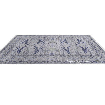 Blue Modern Oushak Hand Knotted Dining Room Wool Rug