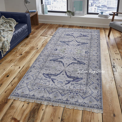 Blue Modern Oushak Hand Knotted Dining Room Wool Rug