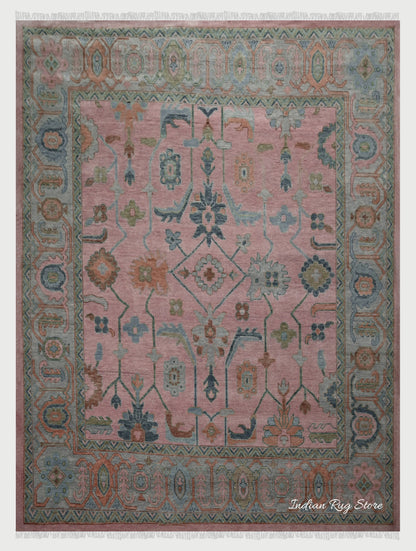 Multicolor Indian Hand Knotted Oushak Gray Wool Rug