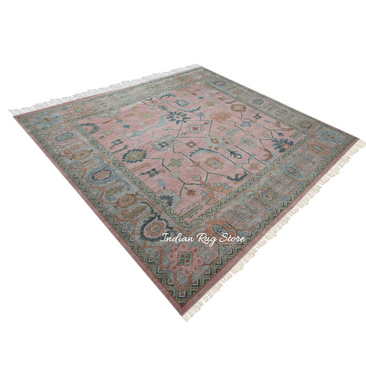 Multicolor Indian Hand Knotted Oushak Gray Wool Rug