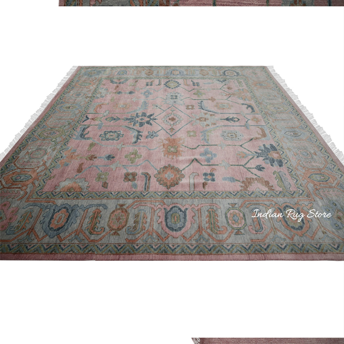 Multicolor Indian Hand Knotted Oushak Gray Wool Rug