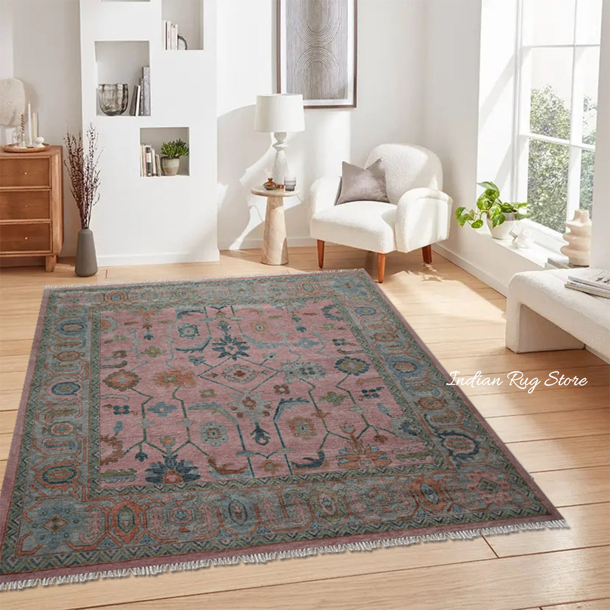 Multicolor Indian Hand Knotted Oushak Gray Wool Rug