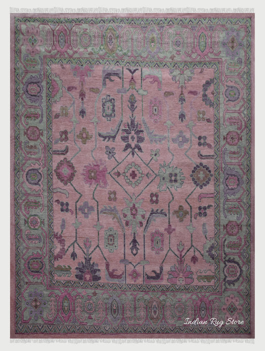 Indian Hand Knotted Multicolor Oushak Gray Wool Rug