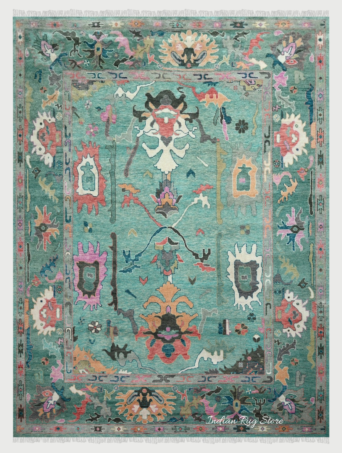 Hand Knotted Modern Green Oushak Wool Rug For Living Room