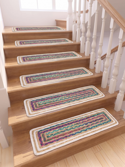 Hand Braided Jute Stair Treads, Multicolor Chindi Border, Boho Staircase Step Mats