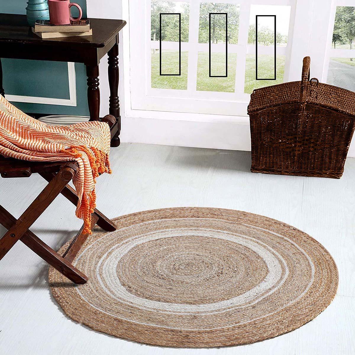 Hand Braided Home Decor Beige White Geometric Jute Rug - Indian Rug Store