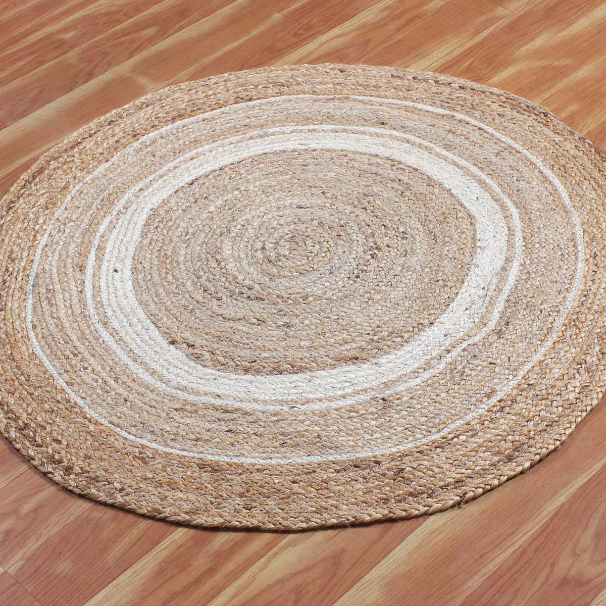 Hand Braided Home Decor Beige White Geometric Jute Rug - Indian Rug Store